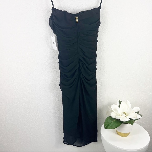LPA Shirred Bustier Dress Black Strapless Midi Revolve XXS NWT - Picture 7 of 9